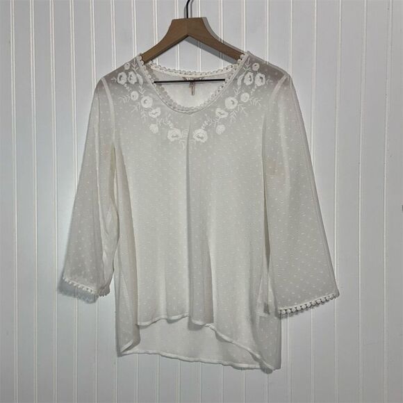 Esqualo White Embroidered Sheer Blouse Top 8 Dot Mesh Floral Lace Boho Cottage - Picture 1 of 8